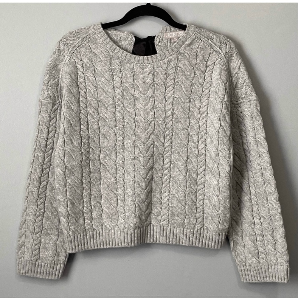 J Crew grey cable sweater with black satin bow on back